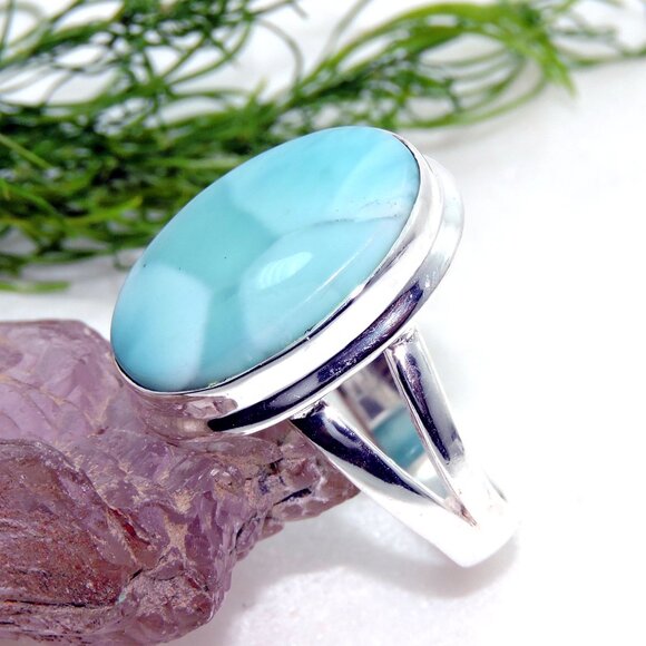 Larimar Gemstone Sterling Silver Ring, Classic Ring, Larimar Jewelry, Size:- 8US - Picture 2 of 6